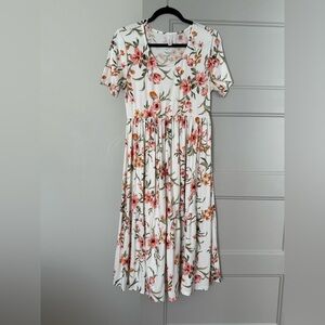 Scoop-Neck Floral Midi Dress in White with Pink Floral